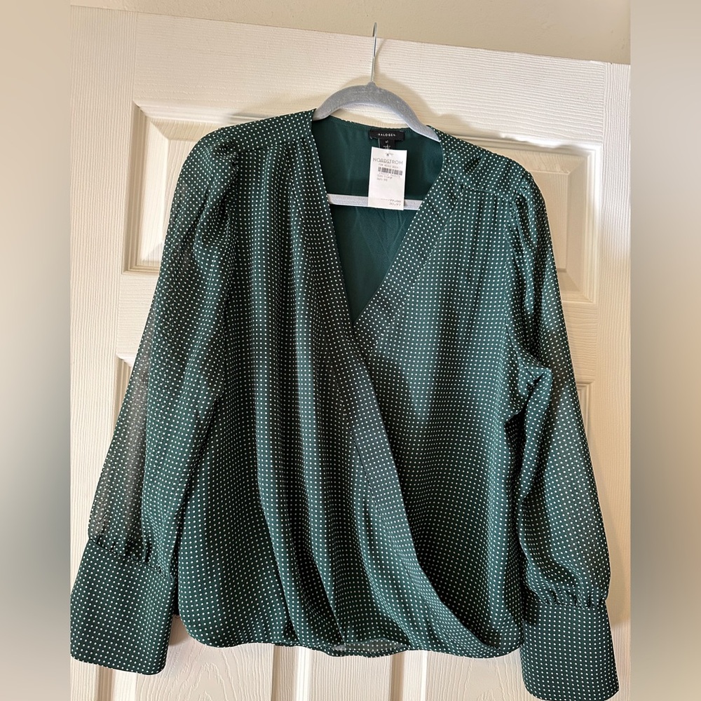 Halogen Dark Green Polka Dot Surplice Blouse